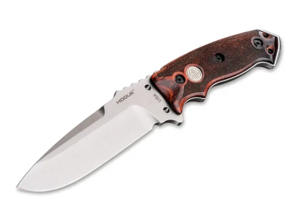 Nóż Hogue SIG 37175 EX-F01 5.5" Rosewood Prezentowany model EX-F01 posiada głownię Drop Point wykonaną ze stali narzędziowej A2 o hartowaniu 57-59 HRC, w wykończeniu Tumbled with Clear Cerakote®. Na rękojeści z drewnianymi  okładzinami z palisandru umieszczone zostały srebrne, niklowane z Clear Cerakote® znaczki SIG™. W komplecie nylonowa pochwa z systemem mocowania Molle. Długość całkowita 267 mm, długość klingi 140 mm, waga 295 g, grubość klingi 6.0 mm. Dopasowanie do broni palnej SIG SAUER® - Stainless Elite.