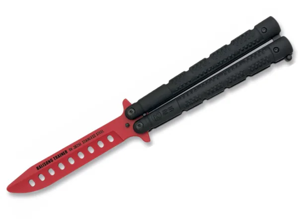 Nóż K25 36251 Balisong Trainer Red Głownia ze stali nierdzewnej z powłoką w kolorze czerwonym, długość całkowita 229 mm, długość klingi 102 mm, grubość klingi 4.0 mm,  waga 142 g, rękojeść aluminium, blokada T-bar, w zestawie nylonowe etui.