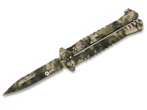 Nóż motylek K25 02132 Balisong Sand Phyton Głownia ze stali nierdzewnej z powłoką camo, długość całkowita 227 mm, długość klingi 100 mm, grubość klingi 3.2 mm,  waga 152 g, rękojeść aluminium, blokada T-bar, w zestawie nylonowe etui.