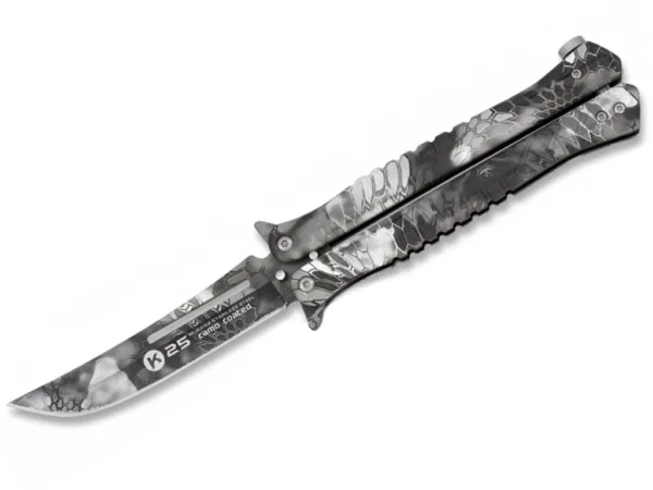 Nóż motylek K25 02142 Balisong Black Phyton Głownia ze stali nierdzewnej z powłoką camo, długość całkowita 227 mm, długość klingi 100 mm, grubość klingi 3.4 mm,  waga 153 g, rękojeść aluminium, blokada T-bar, w zestawie nylonowe etui.