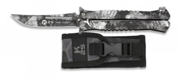 Nóż motylek K25 02142 Balisong Black Phyton Głownia ze stali nierdzewnej z powłoką camo, długość całkowita 227 mm, długość klingi 100 mm, grubość klingi 3.4 mm,  waga 153 g, rękojeść aluminium, blokada T-bar, w zestawie nylonowe etui.