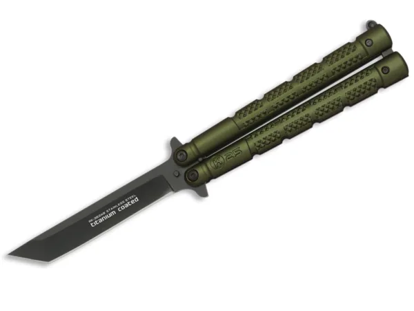 Nóż motylek K25 36249 Balisong Green Głownia tanto ze stali nierdzewnej z tytanową powłoką, długość całkowita 225 mm, długość klingi 100 mm, grubość klingi 3.0 mm,  waga 141 g, rękojeść aluminium, blokada T-bar, w zestawie nylonowe etui.