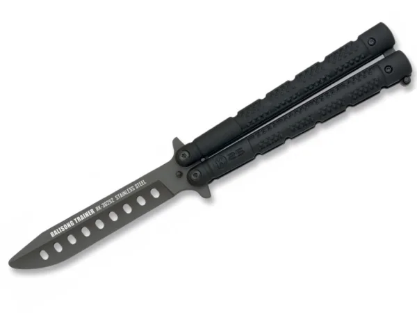 Nóż K25 36252 Balisong Trainer Black Głownia ze stali nierdzewnej z powłoką w kolorze czarnym, długość całkowita 229 mm, długość klingi 102 mm, grubość klingi 4.0 mm,  waga 142 g, rękojeść aluminium, blokada T-bar, w zestawie nylonowe etui.