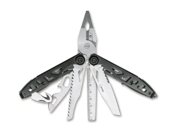 Multitool Böker Plus Specialist II Multitool Boker Plus Specialist II ma wzmocniony obcinacz do drutu i jest naprawdę wszechstronny. Posiada płaską powierzchnię chwytającą długich szczypiec i tak zwany otwór palnika do chwytania zewnętrznych śrub sześciokątnych, nakrętek kołpakowych i rur. Cztery główne narzędzia są zabezpieczone blokadą linerlock, dzięki czemu nadają się nawet do ciężkich zadań. Narzędzia:nóż z ostrzem częściowo ząbkowanym; piła do drewna; pilnik z linijką; narzędzie wielofunkcyjne - otwieracz do puszek, otwieracz do butelek, ściągacz izolacji 1.6, 2.0 i 2.8 mm, klucz oczkowy nr 8, 7 i 6; ostrze do cięcia pasów otwierane za pomocą paznokcia. Okładziny rękojeści mają ozdobne wycięcia i są wykonane ze stali nierdzewnej. Uzupełnieniem wyposażenia są dwie dwustronne końcówki (bity), mocowane magnetycznie w uchwycie i praktyczny glassebreaker. W zestawie wysokiej jakości nylonowa kabura mocowana na pasek. Materiał stal nierdzewna 7Cr17MoV, długość całkowita 170 mm, długość klingi 80 mm,  waga 318 g.