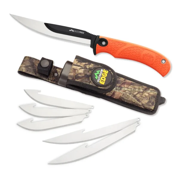 Nóż Outdoor Edge RazorMax Orange Koncepcja wymiennego ostrza jest główną cechą serii Razor firmy Outdoor Edge, ulubionej przez wielu myśliwych. Ostrze można szybko i łatwo wymienić bez żadnych narzędzi, a ogólna praktyczna konstrukcja zapewnia maksymalną użyteczność podczas polowania. Teraz Outdoor Edge oferuje również tę koncepcję w nożu o stałej głowni z możliwością wyboru dwóch typów ostrzy.Poza niezawodnymi ostrzami 8,6 cm, które są również częścią składową folderów, nóż ten oferuje możliwość zamontowania 5" ostrzy maskujących.Nóż jest dostarczany z trzema 12 cm ostrzami do trybowania i filetowania oraz trzema ostrzami 8,9 cm typu "drop-point".Nylonowa pochwa z zatrzaskowym zamknięciem posiada plastikową wkładkę, która bezpiecznie utrzymuje nóż. Jest wyposażona w boczną, odpinaną i zamykaną na rzep kieszonkę do przenoszenia nowych i nieużywanych ostrzy. Dodatkowo wyposażona jest w wyjmowany pojemnik do przechowywania nieużywanych otwartych ostrzy obu rozmiarów - mieści 2 szt. Gumowana rękojeść (TPR) zapewnia bezpieczny, antypoślizgowy chwyt. 