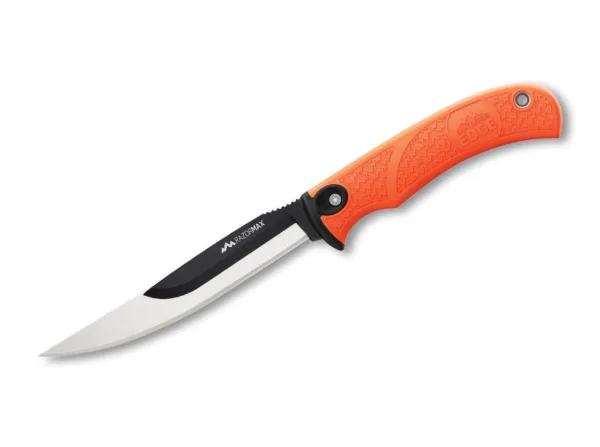 Nóż Outdoor Edge RazorMax Orange Koncepcja wymiennego ostrza jest główną cechą serii Razor firmy Outdoor Edge, ulubionej przez wielu myśliwych. Ostrze można szybko i łatwo wymienić bez żadnych narzędzi, a ogólna praktyczna konstrukcja zapewnia maksymalną użyteczność podczas polowania. Teraz Outdoor Edge oferuje również tę koncepcję w nożu o stałej głowni z możliwością wyboru dwóch typów ostrzy.Poza niezawodnymi ostrzami 8,6 cm, które są również częścią składową folderów, nóż ten oferuje możliwość zamontowania 5" ostrzy maskujących.Nóż jest dostarczany z trzema 12 cm ostrzami do trybowania i filetowania oraz trzema ostrzami 8,9 cm typu "drop-point".Nylonowa pochwa z zatrzaskowym zamknięciem posiada plastikową wkładkę, która bezpiecznie utrzymuje nóż. Jest wyposażona w boczną, odpinaną i zamykaną na rzep kieszonkę do przenoszenia nowych i nieużywanych ostrzy. Dodatkowo wyposażona jest w wyjmowany pojemnik do przechowywania nieużywanych otwartych ostrzy obu rozmiarów - mieści 2 szt. Gumowana rękojeść (TPR) zapewnia bezpieczny, antypoślizgowy chwyt. 