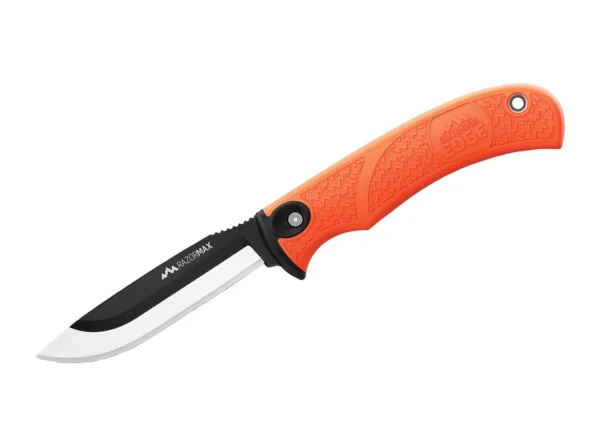 Nóż Outdoor Edge RazorMax Orange Koncepcja wymiennego ostrza jest główną cechą serii Razor firmy Outdoor Edge, ulubionej przez wielu myśliwych. Ostrze można szybko i łatwo wymienić bez żadnych narzędzi, a ogólna praktyczna konstrukcja zapewnia maksymalną użyteczność podczas polowania. Teraz Outdoor Edge oferuje również tę koncepcję w nożu o stałej głowni z możliwością wyboru dwóch typów ostrzy.Poza niezawodnymi ostrzami 8,6 cm, które są również częścią składową folderów, nóż ten oferuje możliwość zamontowania 5" ostrzy maskujących.Nóż jest dostarczany z trzema 12 cm ostrzami do trybowania i filetowania oraz trzema ostrzami 8,9 cm typu "drop-point".Nylonowa pochwa z zatrzaskowym zamknięciem posiada plastikową wkładkę, która bezpiecznie utrzymuje nóż. Jest wyposażona w boczną, odpinaną i zamykaną na rzep kieszonkę do przenoszenia nowych i nieużywanych ostrzy. Dodatkowo wyposażona jest w wyjmowany pojemnik do przechowywania nieużywanych otwartych ostrzy obu rozmiarów - mieści 2 szt. Gumowana rękojeść (TPR) zapewnia bezpieczny, antypoślizgowy chwyt. 