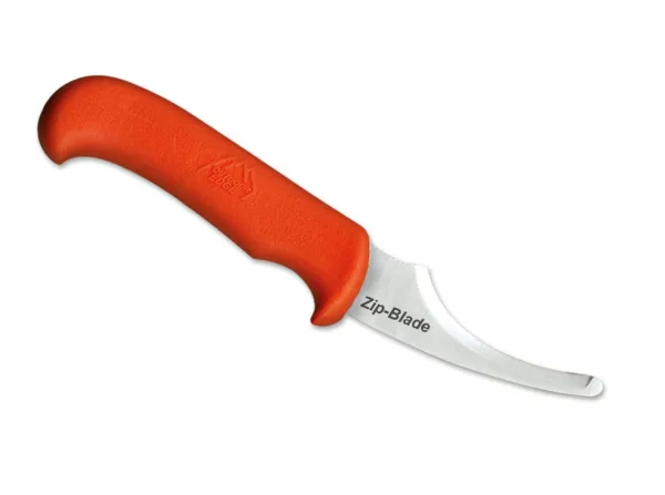 Nóż Outdoor Edge Zip Blade blister Kształt tego noża z charakterystyczną krawędzią tnącą na grzbiecie i zaokrągloną końcówką jest szeroko stosowany w Skandynawii i Ameryce i zapewnia, że nie musi być trzymany podczas pracy do góry nogami jak w przypadku zwykłego noża myśliwskiego i dzięki temu zapewnia idealną ergonomię i bezpieczeństwo podczas pracy. Ostrze wykonane zostało z nierdzewnej stali AUS-8 a rękojeść z tworzywa TPR z fakturą poroża . W komplecie nylonowa pochwa. Długość całkowita 225 mm, długość głowni 100 mm, waga 113 g.