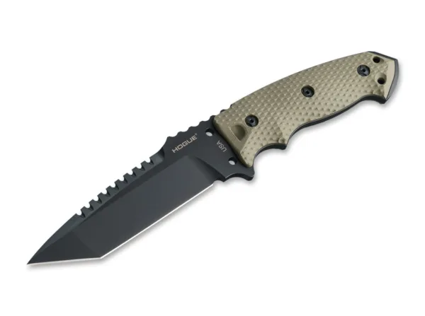 Nóż Hogue 35128 EX-F01 5.5 Tanto G10 OD Green Hogue EX-F01 to nóż stały z rękojeścią G10 i ostrzem tanto z powłoką A2. Jest dostarczany z nylonową osłoną kompatybilną z MOLLE z ochroną przed przebiciem.