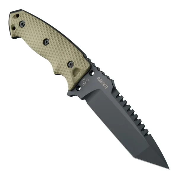 Nóż Hogue 35128 EX-F01 5.5 Tanto G10 OD Green Hogue EX-F01 to nóż stały z rękojeścią G10 i ostrzem tanto z powłoką A2. Jest dostarczany z nylonową osłoną kompatybilną z MOLLE z ochroną przed przebiciem.