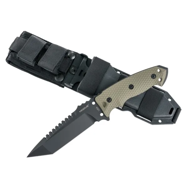 Nóż Hogue 35128 EX-F01 5.5 Tanto G10 OD Green Hogue EX-F01 to nóż stały z rękojeścią G10 i ostrzem tanto z powłoką A2. Jest dostarczany z nylonową osłoną kompatybilną z MOLLE z ochroną przed przebiciem.