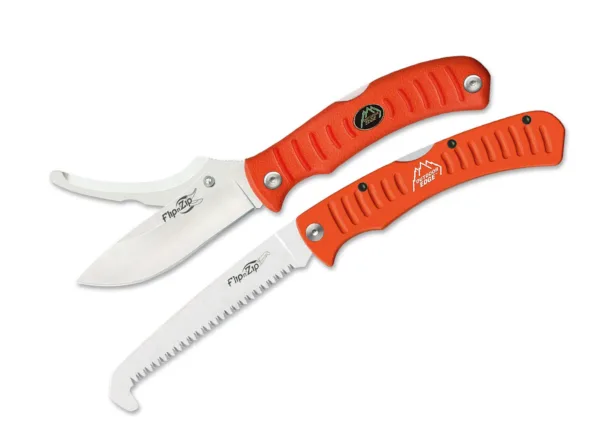 Nóż Outdoor Edge Flip n' Blaze + piła Combo Orange Dzięki gumowanemu i mocno teksturowanemu plastikowemu uchwytowi z elastomeru, ten innowacyjny folder zapewnia niezawodną i przyjemną obsługę. Jako stal ostrza zastosowano 8Cr13MoV. Ostrze do skórowania i ostrze do cięcia można otwierać i włączać niezależnie. Zestaw składający się z noża i piły. Dostarczany z nylonowym etui.