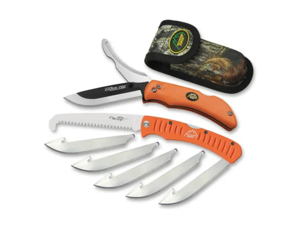 Nóż Outdoor Edge Razor Pro + piła Combo Innowacyjny Razor Pro, który w przeciwieństwie do Razor Lite posiada dodatkowe, zamontowane na stałe ostrze AUS-8, przekonuje swoim systemem wymiany, który zawsze zapewni ostry nóż nawet podczas długich podróży. Każdy myśliwy natknie się na tępy nóż podczas rozbierania zwierzyny. Zamiast używać tandetnych narzędzi do ostrzenia podczas pracy na dziku, po prostu zamienia się ostrze w Razor Pro w ciągu kilku sekund, dzięki czemu można kontynuować pracę bez opóźnień. Gumowany uchwyt i ochrona pod kciuk zapewniają bezpieczną pozycję dłoni. Ostre jak brzytwa ostrza są wykonane z odpornej na korozję stali nierdzewnej 420J2 i są hartowane do 57 HRC. Ostrze można wymienić w mgnieniu oka bez użycia narzędzi. W celu zapewnienia bezpiecznych warunków pracy wysunięte ostrze jest niezawodnie blokowane przez mechanizm backlock. Składana piła do kości z aluminiową rękojeścią wchodzi w zakres dostawy i ułatwia czynności związane z rozbiorem. Razor Pro jest dostarczany z pokrowcem na pasek, który mieści nóż, zapasowe ostrza i piłę, a także łącznie 6 ostrzy.