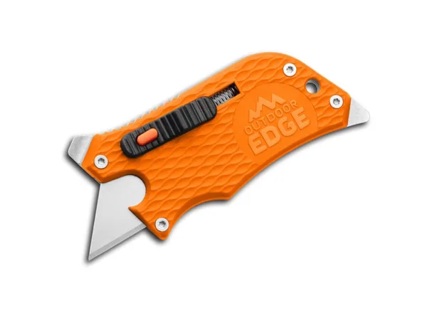 Nóż Outdoor Edge SlideWinder Orange blister Das handliche SlideWinder von Outdoor Edge ist ein stabiler, kompakter und praktischer Paketöffner. Die Standard-Teppichmesserklinge öffnet und verriegelt per Schieber und mit einem Druck auf den Sicherungsknopf fährt die Klinge automatisch durch Federzug wieder ein. So lassen sich im Lager Kartons in ungeahnter Geschwindigkeit öffnen! Der Edelstahlgriff mit orangefarbener Kunststoffschale beherbergt zusätzlich zum Taschenclip noch zwei Schraubendreherspitzen sowie einen Flaschenöffner. Klinge mit Schnellwechselmechanismus, ohne Werkzeug und per Knopfdruck in Sekunden gewendet oder gewechselt.