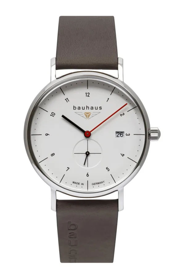 Zegarek Bauhaus 2130-1, quartz Ronda 6004.D, koperta ze stali nierdzewnej, utwardzane szkło mineralne K1, tarcza biała, średnica 41 mm, wysokość 10 mm, waga 53 g, WR 5 ATM, pasek skórzany