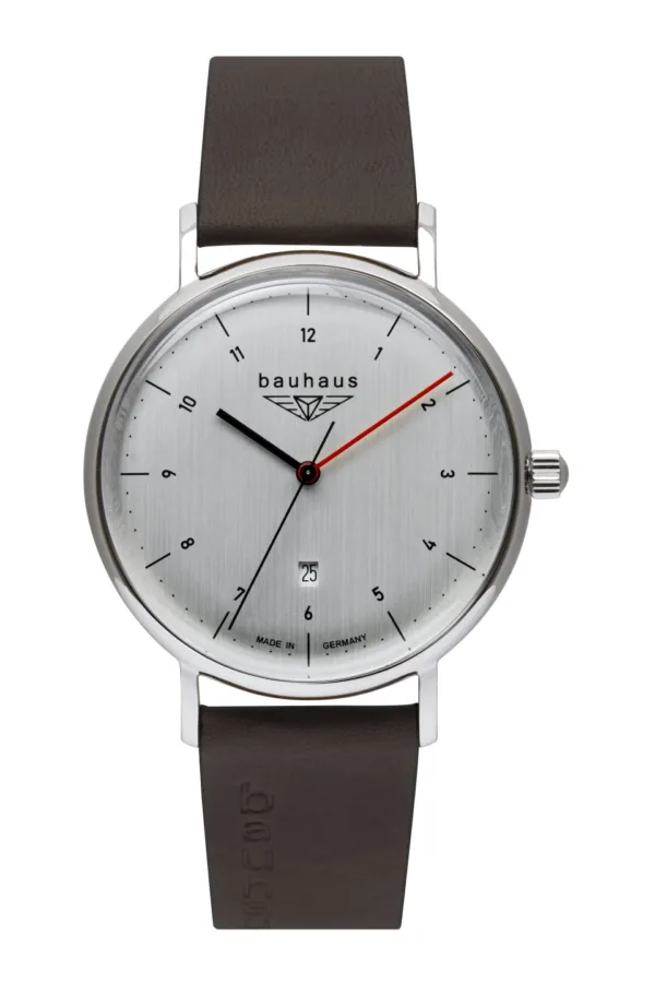 Zegarek Bauhaus 2140-1, quartz Ronda 505, koperta ze stali nierdzewnej, utwardzane szkło mineralne K1, tarcza srebrna, szczotkowana pionowo, średnica 41 mm, wysokość 10 mm, waga 53 g, WR 5 ATM, pasek skórzany