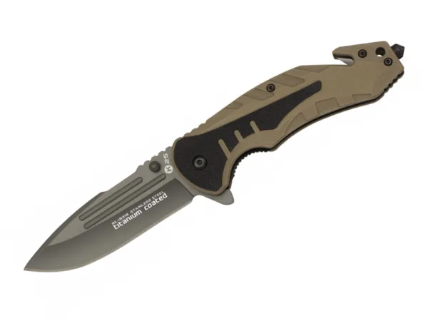 Nóż K25 18318 Tactical coyote G10 Głownia ze stali nierdzewnej z powłoką w kolorze czarnym, długość całkowita 229 mm, długość klingi 102 mm, grubość klingi 4.0 mm,  waga 142 g, rękojeść aluminium, blokada T-bar, w zestawie nylonowe etui.