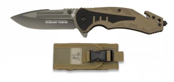 Nóż K25 18318 Tactical coyote G10 Głownia ze stali nierdzewnej z powłoką w kolorze czarnym, długość całkowita 229 mm, długość klingi 102 mm, grubość klingi 4.0 mm,  waga 142 g, rękojeść aluminium, blokada T-bar, w zestawie nylonowe etui.