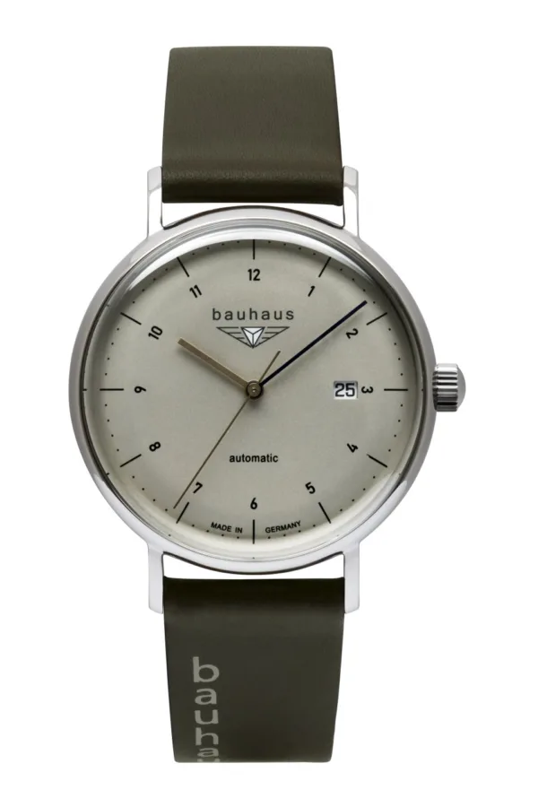 Zegarek Bauhaus Automatic 2152-1 Sellita SW200, tarcza beżowa, szkło mineralne K1, koperta stalowa, dekiel ze szkłem mineralnym, średnica 41 mm, wysokość 11 mm, WR 5 ATM, pasek skórzany