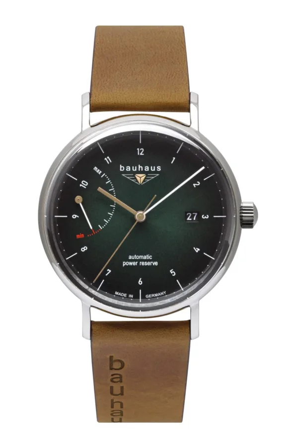 Zegarek Bauhaus Automatic 2160-4 Miyota 9134, tarcza ciemnozielona z rezerwą chodu, szkło mineralne K1, koperta stalowa, dekiel ze szkłem mineralnym, średnica 41 mm, wysokość 14 mm, WR 5 ATM, pasek skórzany