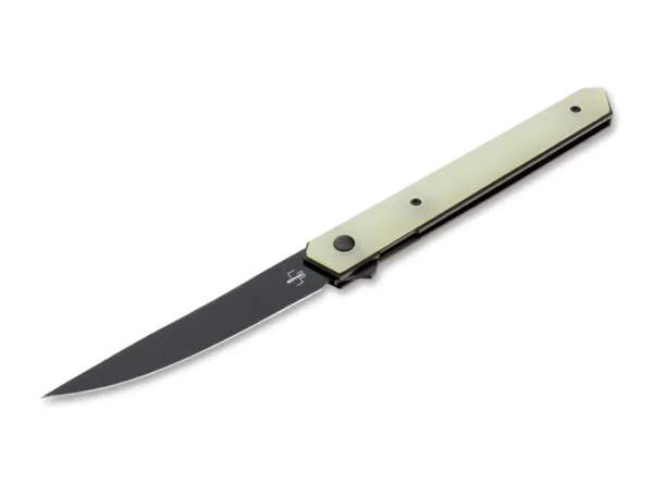 Nóż Böker Plus Kwaiken Air G10 Jade Boker Plus Kwaiken Air zaprojektowany przez Lucasa Burnleya dodaje elegancki lekki wariant dynastii odnoszącej sukcesy rodziny Kwaiken. Dzięki prostemu i praktycznemu kształtowi nowoczesny scyzoryk stał się prawdziwą ikoną. Czyste linie i smukła konstrukcja zostały ponownie zoptymalizowane w tym modelu w celu bezkompromisowej redukcji wagi, chociaż nóż nadal trzyma całe ostrze, gdy jest zamknięty. Flipper zapewnia intuicyjną obsługę i dodatkowe bezpieczeństwo, a linerlock bezpiecznie blokuje łożysko kulkowe z czarnego powlekanego VG-10. Lekkość Gentleman Folder podkreślają łuski uchwytów wykonane z naturalnego Jadeitu G10, półprzezroczystego oryginalnego wariantu wytrzymałego materiału kompozytowego. Dostarczany z otworem na smycz, zdejmowanym klipsem do przenoszenia (tip up/r) i wysokiej jakości nylonowym etui do przechowywania.