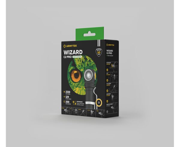 Latarka Armytek Wizard C2 Pro Magnet USB Warm 3w1 LEGENDARNA LATARKA WIELOFUNKCYJNA JEST TERAZ JESZCZE JAŚNIEJSZA, BARDZIEJ NIEZAWODNA I WYGODNIEJSZAWizard C2 Pro — pierwsza latarka wielofunkcyjna w zaktualizowanej linii Armytek.Idealne rozwiązanie dla osób poszukujących mocnej wielofunkcyjnej latarki do stałego zawodowego i codziennego użytku.Ten model wyróżnia się niesamowitą jasnością do 2330 lumenów i zasięgiem światła do 129 metrów. Ładuje się z dowolnego źródła zasilania USB za pomocą magnetycznego kabla USB. Potężny magnes w tylnej obudowie umożliwia przymocowanie latarki do dowolnej metalowej powierzchni.W zestawie wygodna opaska do mocowania na czole oraz klips do przypięcia do ubrania lub plecaka. Wizard C2 Pro jest kompatybilny z mocowaniem do kasku AHM-02 i nadaje się do prac budowlanych.WIZARD C2 PRO — LATARKA WIELOFUNKCYJNA 3 W 1LATARKA CZOŁOWAProsta obsługa jedną ręką, niezawodny uchwyt do mocowania głowie do bieganiaSolidna obudowa bez długich przewodów, zawodnych łącz gumowych i dodatkowych blokadLatarkę można łatwo zamontować, łatwo zdjąć, a po zamocowaniu możemy ją przesuwać aż o 180°Szybko zdejmowany gumowy pierścień zapewnia dodatkowe mocowanieNA KAŻDY DZIEŃKompaktowa obudowaWygodny przycisk bocznySpecjalna matowa anodowana powłoka bez ostrych żłobieńSilny wbudowany magnes i niezawodny stalowy klipsStałe światło bez migotaniaBĘDZIESZ ZASKOCZONY NOWYMI FUNKCJAMI WIZARD C2 PROInnowacyjny system optyczny: przepuszcza więcej światła, zapewnia większy zakres wiązki z wygodnym szerokim światłem.Maksymalna wydajność diody: osiągnęliśmy imponujące 2500 lumenów zamiast 1800 lm w Wizard v3 Pro.Nowa obudowa: zoptymalizowana konstrukcja głowicy dla lepszego odprowadzania ciepła i jasnego światła z dużą ilością lumenów.Zwiększony przycisk boczny: bardziej miękkie i wygodniejsze naciskanie.Zaktualizowana elektronika i oprogramowanie układowe: wydłużone godziny pracy i zwiększona jasność.Prosta kontrola domyślna: łatwa w użyciu od razu po wyjęciu z pudełka, możliwość przejścia na profesjonalne rozszerzone sterowanie z 12 trybami.System podwójnych sprężyn: niezawodny kontakt baterii ze sterownikiem w celu dodatkowej ochrony przed uszkodzeniem podczas upadku.Nowe ładowanie magnetyczne: latarka ładuje się 2 razy szybciej (3 godz 40 min).ZALETY LATAREK Z SERII WIZARD- Pro Potężna elektronika zapewnia imponujący strumień świetlny 2330 lumenów i rekordowe 200 dni pracy w trybie Świetlika.- Pro Wielokolorowy wyświetlacz wysokiej temperatury i stanu baterii, który działa przez 25 lat, pomaga znaleźć latarkę w ciemności.- Wygodna szeroka wiązka optyki TIR, chronionej przed zadrapaniami dzięki zastosowaniu szkła hartowanego z rozjaśniającą powłoką.- Innowacyjna technologia pozwala na wykorzystanie dowolnych baterii 18650 Li-Ion i zapewnia pełną ochronę przed zwarciem nawet w przypadku kontaktu portu magnetycznego z metalowymi przedmiotami.- Aktywna ochrona przed przegrzaniem powyżej 58 °С w czasie rzeczywistym i ostrzeżenie o niskim poziomie naładowania baterii.- Pełna ochrona przed wodą, brudem i kurzem — latarka nadal działa nawet na głębokości 10 metrów.- Niezawodny i wodoodporny port magnetyczny.- Pełna gwarancja 10 lat.W zestawie bateria 18650 (3500 mAh).Do stabilnej pracy latarki zalecamy korzystać z firmowych akumulatorów 18650 Li-Ion bez płyty ochronnej lub akumulatorów z płytą ochronną, zapewniającą prąd rozładowania 10A.W zestawie:- latarka,- akumulator Li-Ion 18650 3500mAh,- magnetyczna ładowarka,- opaska czołowa,- klips,- 2 zapasowe pierścienie uszczelniające,- instrukcja obsługi.