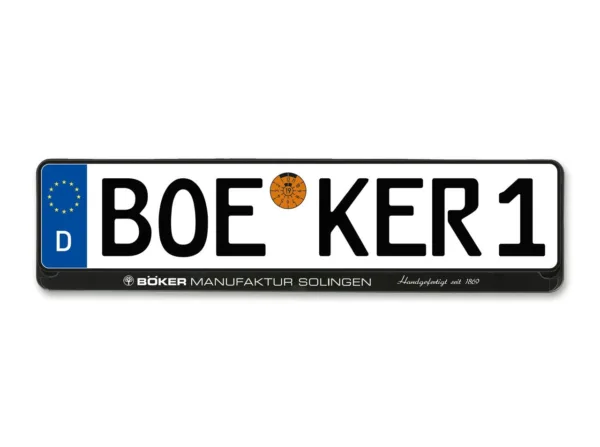 Uchwyt tablicy rejestracyjnej Böker Solingen The high-quality black Boker license plate holder for single-line Euro license plates is particularly easy to handle. Made of polypropylene, the car license plate holder is UV-resistant, wash and frost resistant and complies with the requirements of the EU directive. Single license plate holder, delivery without license plate.