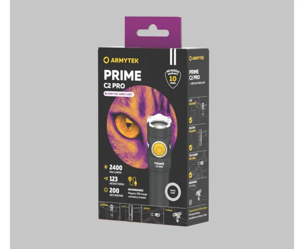 Latarka Armytek PRIME C2 PRO MAGNET USB White NIESAMOWICIE JASNE SZEROKIE ŚWIATŁO W KLASYCZNYM FORMACIEPrime C2 Pro to wszechstronny model na co dzień o wytrzymałej obudowie, wygodnym przycisku bocznym i wygodnym kącie świecenia 120°.Nadaje się zarówno do użytku codziennego, jak i profesjonalnego: spacery lub jazda na rowerze, piesze wycieczki, prace serwisowe i ochrona.Nowa Prime C2 Pro ma imponującą jasność 2400 lumenów i szersze kąty świecenia niż poprzednia wersja. Latarka zyskała również dodatkowe walory konstrukcyjne zapewniające maksymalną wygodę codziennego użytkowania: skrócono długość obudowy, dodano koronkę ochronną. Do latarki dołączony jest akumulator 18650 Li-Ion 3500 mAh o dużej pojemności, który jest ładowany za pomocą firmowego magnetycznego kabla USB.Odpinany klips pewnie mocuje latarkę do szelek plecaka lub kieszeni, a magnes w tylnej pokrywie umożliwia przyczepienie jej do metalowej powierzchni. Stalowa krawędź uderzeniowa, trwały pokrowiec-kabura i opcjonalne filtry barwne pomagają z powodzeniem sprostać każdemu specjalistycznemu zadaniu. Prime C2 Pro jest również kompatybilna z uchwytem rowerowym ABM-01 i może być używana jako reflektor rowerowy.PRIME C2 PRO — LATARKA DO CODZIENNEGO UŻYTKU 2 W 1LATARKA DO CODZIENNEGO UŻYTKU- kompaktowa,- wygodny przycisk boczny,- specjalne anodowanie na mat bez mocnego grawerowania,- wytrzymały nylonowy pokrowiec, silny wbudowany magnes i niezawodny zdejmowany stalowy klips.LATARKA ROWEROWA- trwała i lekka obudowa z aluminium lotniczego,- zwiększona odporność na wstrząsy, nowe sprężyny dla lepszej ochrony akumulatora i sterownika,- stałe światło bez migotania,- opcjonalny szybko zdejmowany uchwyt.CO NOWEGO W PRIME C2 PRONowy układ optyczny i obiektyw TIR: przepuszcza więcej lumenów, zapewnia wygodniejszą szeroką wiązkę z bocznym oświetleniem 120°.Maksymalna wydajność diody: osiągnęliśmy imponujące 2400 lumenów zamiast 1700 lumenów w poprzedniej wersji.Nowa konstrukcja głowicy: lepsze odprowadzanie ciepła i jaśniejsze światło z większą liczbą lumenów.Powiększony przycisk boczny: naciskanie jest delikatniejsze i wygodniejsze.Unowocześniona elektronika i oprogramowanie układowe: wydłużony czas pracy i zwiększona jasność.Proste sterowanie domyślne: łatwe w użyciu po wyjęciu z pudełka (6 trybów), możliwość przełączenia na profesjonalne zaawansowane sterowanie z 12 trybami.Ulepszone sprężyny: zastosowanie nowych sprężyn w celu lepszej ochrony akumulatora i sterownika oraz zwiększenia wydajności operacyjnej.Zredukowane wymiary: pomniejszona obudowa dla jeszcze wygodniejszego noszenia na co dzień.Stalowa koronka ochronna: dla dodatkowej ochrony układu optycznego w przypadku upadku i do samoobrony.Stylowa obudowa: matowe anodowanie, elegancki design, branding w nowym stylu korporacyjnym.Nowa magnetyczna ładowarka: latarka ładuje się 2 razy szybciej (3 godz 40 min).ZALETY LATAREK Z SERII PRIME- Pro Potężna elektronika zapewnia imponujące 2400 lumenów i rekordowe 6.5 miesiąca w trybie Świetlika. Stała jasność nawet w niskich temperaturach i nie w pełni naładowanym akumulatorze.- Pro Wielokolorowe wskazanie temperatury, poziomu naładowania i stanu z możliwością wyłączenia tego ostatniego.- Wygodna szeroka wiązka z całkowicie przeprojektowanego układu optycznego, obiektyw TIR chroniony przed zarysowaniami przez hartowane szkło antyrefleksyjne.- Innowacyjna technologia pozwala na zastosowanie dowolnych akumulatorów 18650 Li-Ion o prądzie rozładowania 10A i zapewnia pełną ochronę przed zwarciami nawet w przypadku kontaktu portu magnetycznego z metalowymi przedmiotami.- Aktywna ochrona przed przegrzaniem powyżej +58 °С w czasie rzeczywistym.- Pełna ochrona przed wodą, brudem i kurzem zgodnie ze standardem IP68 — latarka działa dalej nawet na głębokości 10 metrów. Wytrzymuje upadki z wysokości do 10 metrów.- Niezawodny i wodoodporny port magnetyczny.- Pełna gwarancja 10 lat.Akumulator 18650 Li-Ion (3500 mAh) w zestawie.Do stabilnej pracy latarki zalecamy korzystać z firmowych akumulatorów 18650 Li-Ion bez płyty ochronnej lub akumulatorów z płytą ochronną, zapewniającą prąd rozładowania 10A.