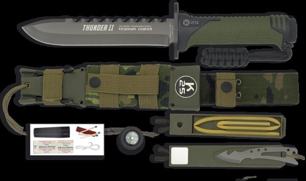 Nóż K25 32134 Thunder II Camo Głownia ze stali nierdzewnej z tytanową powłoką, długość całkowita 295 mm, długość klingi 170 mm,  grubość klingi 5.5 mm, waga 300 g, rękojeść guma / ABS, w komplecie nylonowa pochwa i zestaw surwiwalowy.