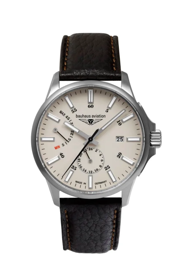 Zegarek Bauhaus Aviation 2860-5, automatic Miyota 9134, tarcza beżowa i wskazówki z Super-LumiNova, koperta tytanowa, średnica 42 mm, szkło szafirowe, dekiel ze szkłem mineralnym, wskaźnik rezerwy chodu, WR 5 ATM, pasek skórzany