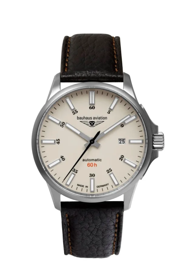 Zegarek Bauhaus Aviation 2864-5, automatic Miyota 8315 z rezerwą 60h, tarcza beżowa i wskazówki z Super-LumiNova, koperta tytanowa, średnica 42 mm, szkło szafirowe, dekiel ze szkłem mineralnym, WR 5 ATM, pasek skórzany