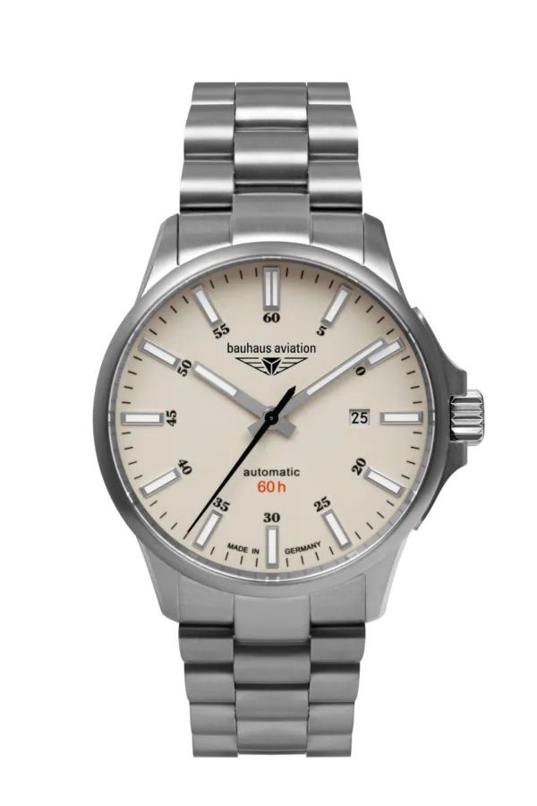 Zegarek Bauhaus Aviation 2864M-5, automatic Miyota 8315 z rezerwą 60h, tarcza beżowa i wskazówki z Super-LumiNova, koperta tytanowa, średnica 42 mm, szkło szafirowe, dekiel ze szkłem mineralnym, WR 5 ATM, bransoleta tytanowa