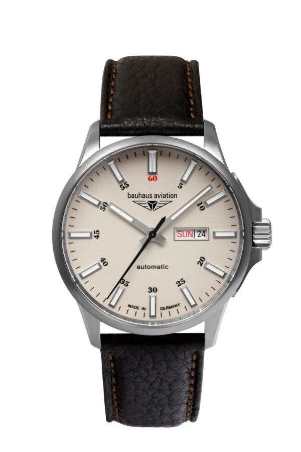 Zegarek Bauhaus Aviation 2866-5, automatic Miyota 8205, tarcza beżowa i wskazówki z Super-LumiNova, koperta tytanowa, średnica 42 mm, szkło szafirowe, dekiel ze szkłem mineralnym, WR 5 ATM, pasek skórzany