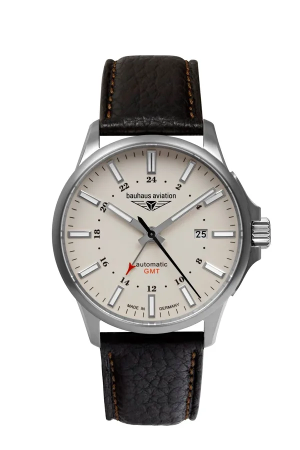 Zegarek Bauhaus Aviation 2868-5, automatic Miyota 9075, tarcza beżowa i wskazówki z Super-LumiNova, koperta tytanowa, średnica 42 mm, szkło szafirowe, dekiel ze szkłem mineralnym, wskazówka GMT, WR 5 ATM, pasek skórzany