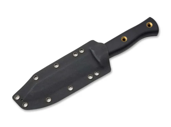 Nóż Böker Plus Pilot Knife Imponujący nóż Pilot Knife od amerykańskiego producenta noży Dave'a Wengera to w pełni wyrośnięty nóż outdoorowy i survivalowy o orientacji taktycznej. Masywne ostrze D2 jest wyjątkowo odporne na krawędzie, wytrzymałe, a także ma odporną na ścieranie powłokę proszkową. Militarny charakter stałej klingi podkreśla rowek po obu stronach oraz charakterystyczny sawback. Ergonomiczne wagi z uchwytem G10 zapewniają wygodny chwyt i bezpieczne trzymanie w każdej sytuacji. Ozdobne wydrążone mosiężne ćwieki pomagają zmniejszyć wagę i mogą być również używane jako otwór na smycz. Dostarczany z dopasowaną pochwą Kydex i klipsem do paska.