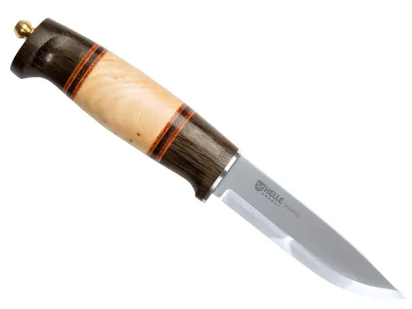 Nóż Helle Harding Klinga z 3-warstwowej nierdzewnej stali, rękojeść z palisandru, skóry i z mazerowanej brzozy. Skórzana pochwa. Design by Erling Opstad, 1986 r.