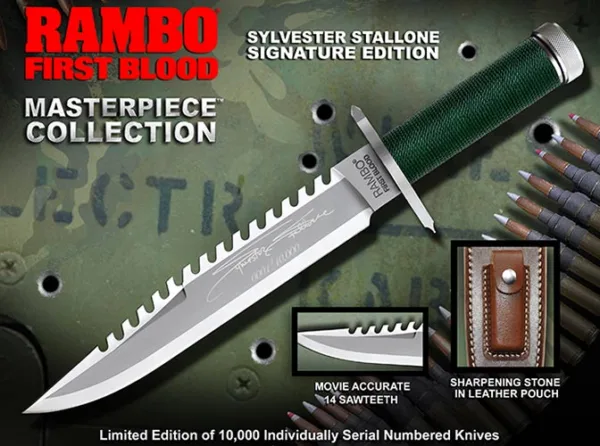 Nóż Rambo First Blood SE Z dumą prezentujemy nasze noże Rambo Masterpiece Collection™, najlepsze oficjalnie licencjonowane noże Rambo, jakie kiedykolwiek wyprodukowano. Żaden szczegół nie został oszczędzony, aby te noże były najdokładniejszymi i najwyższej jakości licencjonowanymi nożami Rambo, jakie kiedykolwiek wyprodukowano.Wyróżniony w First Blood, jest to dokładna reprodukcja noża używanego przez Sylvestra Stallone w tym klasycznym filmie akcji.Każdy nóż ma całkowitą długość 355mm i jest wyposażony w najwyższej jakości ostrze ze stali nierdzewnej 420 z zębami piły szczelinowej, wydrążoną rękojeść z zestawem ratunkowym, aluminiową nasadkę z precyzyjnym kompasem i podwójną osłoną śrubokręta.Po raz pierwszy nóż ma 14 zębów piły – dokładnie tak samo jak nóż użyty w filmie, zamiast 12 w poprzednich reprodukcjach. Przednia część ostrza ma teraz bardziej złożony szlif noża użytego w filmie, zamiast uproszczonej wersji oferowanej wcześniej.Pochwa posiada kamień do ostrzenia w skórzanym etui z przodu, jak ten użyty w filmie.Survival Kit ma Survival Kit Silencer™, aby zapobiec hałasowi powodowanemu przez Survival Kit poruszający się w rękojeści noża.Nóż jest dostarczany w wysokiej jakości opakowaniu z niestandardową wkładką z pianki EVA, która zapobiega przemieszczaniu się noża podczas transportu.Ta replika o jakości muzealnej została wykonana ręcznie z dumą z najlepszych dostępnych materiałów i jest dostarczana z wysokiej jakości pochwą ze skóry bawolej.Dane techniczne:- 355 mm długość całkowita.- Najwyższej jakości ostrze o szerokości 35mm ze stali nierdzewnej 420 z zębami piły ze szczeliną pośrodku i matowym satynowym wykończeniem.- Pusta rękojeść owinięta ciężkim materiałem O.D. zielona nylonowa linka z wodoodpornym o-ringiem i zestawem survivalowym z Survival Kit Silencer™- dokładnie 14 zębów w pile - jak na filmie- Osłona ze stali nierdzewnej z otworami do mocowania.- Niemagnetyczna aluminiowa zaślepka z precyzyjnym kompasem.- Phillips i standardowe końcówki śrubokręta.- Wysokiej jakości licowa pochwa z prawdziwej skóry bawoła z wiązaniem na nogawce.- Kamień do ostrzenia w skórzanym etui z przodu pochwy- Oficjalnie licencjonowana reprodukcja.Tylko noże Rambo produkowane i dystrybuowane przez Hollywood Collectibles Group są oficjalnie licencjonowane.