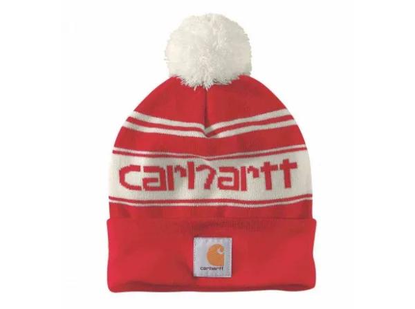 Czapka Carhartt Knit PomPom Cuffed Logo Red Winter Czapka z pomponem Carhartt Knit Pom-Pom Cuffed Logo Beanie to klasyczna, zimowa, bardzo ciepła czapka wyprodukowana w 100% z akrylu. Dzięki elastycznej konstrukcji bardzo dobrze przylega do głowy i utrzymuje ciepło. Najważniejsze funkcje i elementy czapki: Materiał: 100% akryl z elastycznym streczem Kwadratowa metka z logo Carhartt na przodzie