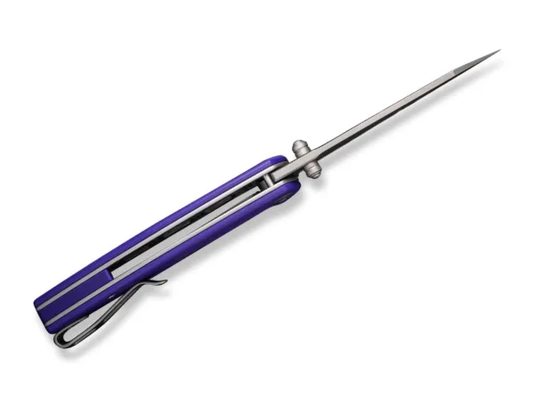 Nóż CIVIVI P87 G10 Purple Civivi P87 charakteryzuje się szczególnie smukłym designem, bez uszczerbku dla przydatności do codziennego użytku. Łożyskowane ostrze wykonane z Nitro-V otwiera się za pomocą flippera lub kołka i jest utrzymywane przez bezpieczną blokadę liner lock. Ergonomię i pewny chwyt gwarantuje rękojeść wykonana z fioletowego G10, w której znajduje się również klips typu tip-up.
