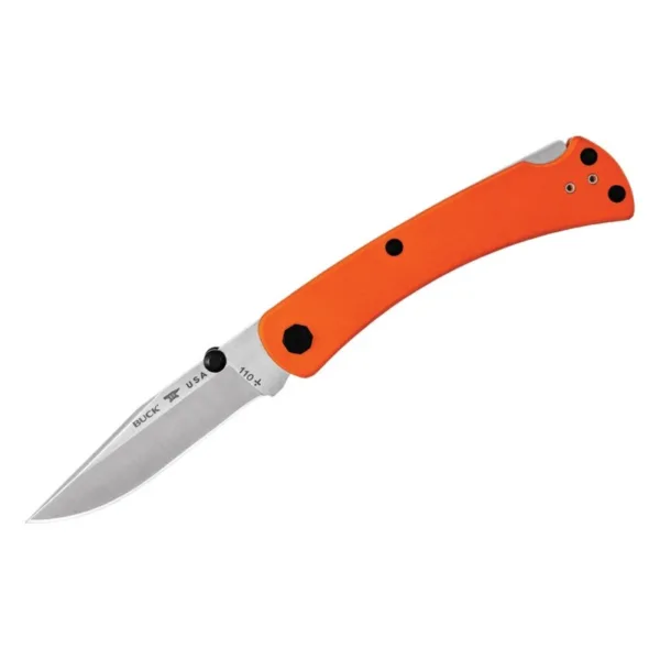 Nóż Buck 110 Slim Pro TRX Orange 13263 Buck Slim Pro TRX - Stworzony z myślą użytkowania w trudnych warunkach.Jest to model noża składanego, wykonany na podstawie słynnego 'Buck 110 Hunter Folding Knife' z zabezpieczeniem (grzbietowym) BackLock. Użyta została stal nierdzewna S30V wysoce odporna na korozje, która utrzymuje właściwości tnące przed długi czas bez ponownego ostrzenia. Obsługa noża jest ułatwiona dzięki obustronnemu kołkowi u podstawy. Ostrze ClipPoint jest złotym środkiem między pozostałymi rodzajami głowni dlatego stosowane jest zarówno w nożach myśliwskich, bojowych jak i roboczych, posiada wyśmienite właściwości przebijające.Rękojeść wykonano z wytrzymałego tworzywa G10 istotnie zmniejszając wagę całkowitą (zaledwie 93.6 gram) Posiada zdejmowany klips do paska. Kraj Produkcji USA.   