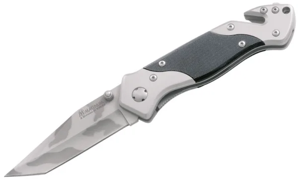 Nóż Magnum High Risk Emergency Knife Klinga "Tanto" wykonana ze stali nierdzewnej 440A. Rekojęść ze stali nierdzewnej z wkładką z tworzywa antypoślizgowego G-10. Klips do paska spodni.
