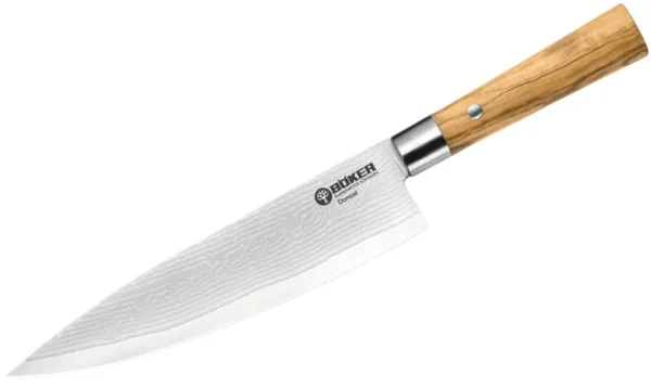 Nóż kucharski duży Böker Damast Olive Klinga o długości 23,5 cm wykonana ze stali damasceńskiej (37 warstwowej stali). Rękojeści z drewna oliwnego z matowym zakończeniem ze stali szlachetnej. Dostarczany w atrakcyjnej szkatułce upominkowej.