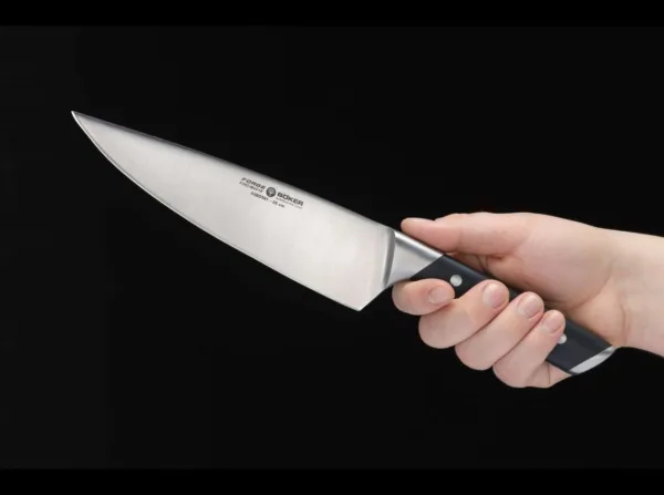 Nóż Szefa Böker Forge 20 cm Nóż Szefa Kuchni jest jednym z najważniejszych noży w kuchni i jest częścią podstawowego wyposażenia. Ma nieco szersze i dłuższe ostrze niż nóż uniwersalny. Wąski szpic jest idealny do cięcia cebuli lub małych warzyw. Dzięki swojej długości może być również doskonale stosowany jako nóż do mięsa. Nawet duże warzywa można nim z łatwością obrabiać.Długość całkowita 345 mm, długość klingi 200 mm, grubość klingi 2.4 mm, waga 300 g.Seria Böker Forge to przystępna cenowo rodzina noży kuchennych, o klasycznych rysach i sprawdzonej technice. Kute z nierdzewnej stali chromowo - molibdenowo - wanadowej X50CrMoV15, są mocne, elastyczne i odporne na trudy codziennej pracy. Kształty ułatwiające ostrzenie i czyszczenie nie pozostają niezauważone przez użytkowników. Wygodna rękojeść z okładkami z tworzywa jest tak ukształtowana, by chronić rękę użytkownika przed zmęczeniem i skaleczeniem. Idealna seria dla tych, którzy potrzebują jakości w przystępnej cenie. Dostarczane w wysokiej jakości opakowaniu prezentowym.