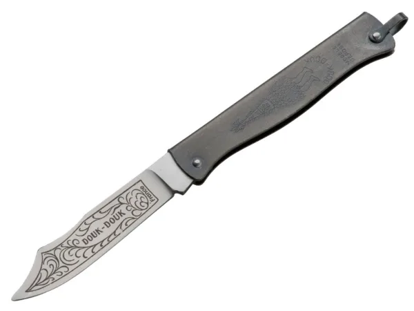 Nóż Douk Douk Petit Klinga stal węglowa, rękojeść stal, długość całkowita 160 mm, długość klingi 75 mm, waga 39 g, grubość klingi 2,7 mm.