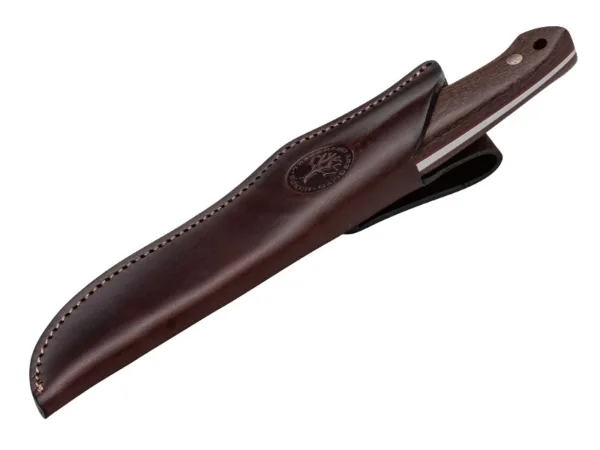 Nóż Boker Arbolito Trapper Stal klingi N695, długość klingi 120 mm, długość całkowita 245 mm, waga 220 g, rekojeść heban, skórzana poczwa.