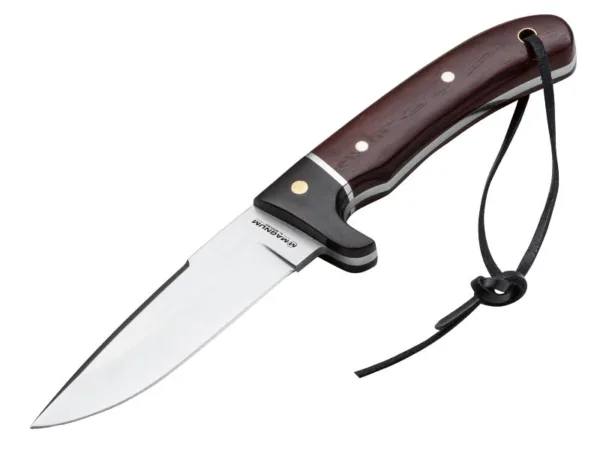 Nóż Magnum Elk Hunter Special Elk Hunter Special to nowy model oparty na popularnym myśliwskim nożu Elk Hunter. Wygląd i funkcjonalność to dwie najważniejsze cechy tego noża. Klinga wykonana ze stali nierdzewnej 440A. Rękojeść z drewna hebanowego oraz palisandru. W komplecie skórzana pochwa. Długość całkowita 220 mm, długość klingi 110 mm, grubość klingi 3,8 mm, waga 175 g. 