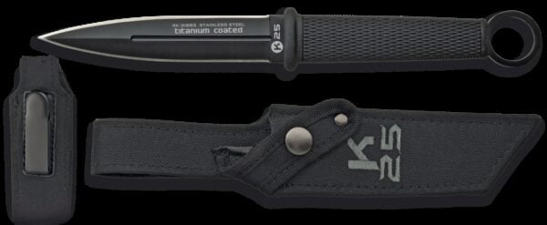 Nóż K25 31892 Black OPS Delta Głownia ze stali nierdzewnej z tytanową powłoką, długość całkowita 250 mm, długość klingi 121 mm, grubość klingi 3.8 mm,  waga 98 g, rękojeść z  gumy, w komplecie nylonowa pochwa z klipsem.