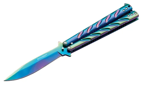 Nóż Magnum Balisong Rainbow Długość całkowita 225 mm, długość klingi 102 mm, grubość klingi 2,9 mm, waga 155 g, stal klingi 440A, rekojeść stal satynowanaTen Balisong jako pierwszy pasuje do naszej popularnej serii tęczy. Ładnie skonstruowana stalowa rękojeść ma rowki, aby zapewnić większą przyczepność podczas użytkowania. Ostrze i rękojeść ze stali nierdzewnej 440 są dostępne w kolorach tęczy.UWAGA!Rozkręcające się śrubki podczas używania noża jest całkowicie normalnym zjawiskiem. Aby zapobiec rozkręcaniu się śrubek należy zaopatrzyć się w klej to gwintów typu loctite np Boker Loctite 09BO753.