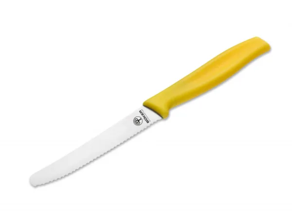 Nóż do bułek Boker, żółty Klasyczny "kanapkowiec" z zaokrąglonym czubkiem - podstawowe wyposażenie każdej szanującej się kuchni i biwaku. Zębata klinga przedrze się z łatwością przez każdy materiał.