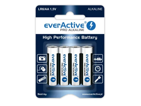 Baterie alkaliczne everActive LR6/AA, 4 szt. Druga generacja baterii alkalicznych everActive to wyraźnie poprawiona wydajność w urządzeniach o zwiększonym poborze prądu.Nowe udoskonalone baterie oferują 60% dłuższe działanie w porównaniu do poprzedniej serii Industrial Alkaline w urządzeniach o bardzo wysokim zapotrzebowaniu na energię.Baterie z aktualnej produkcji - prosto od cenionego producenta everActive z bardzo długą datą ważności (do 10 lat od daty produkcji).Sprawdzona niezawodność.Nowa seria Pro Alkaline - gwarantuje najwyższy poziom wydajności - teraz również w najbardziej wymagających urządzeniach.Cechy baterii everActive:- wzmocniona, uszczelniona konstrukcja - wysoka odporność na wylewanie, długi okres przydatności przy zachowaniu wysokich walorów użytkowych,- wysoka wydajność zarówno w urządzeniach o niskim (piloty, zegary) jak i wysokim (sprzęt medyczny, aparaty cyfrowe) poborze prądu,- szczególnie polecane do zastosowań przemysłowych i profesjonalnych,- wysoka niezawodność i powtarzalność parametrów.